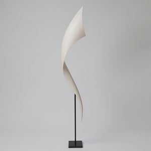 tapering curved white long vertical curling wooden sculpture held aloft on a simple black steel stand