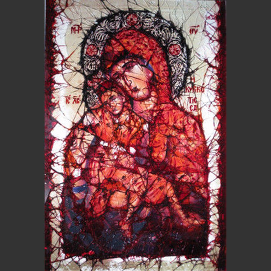 glass art canvas of virgin mary and child in red blue and light grey
