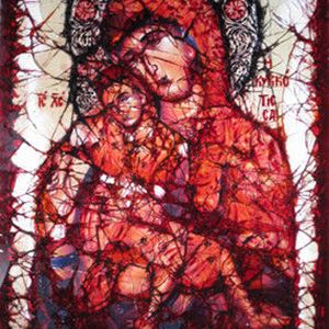 glass art canvas of virgin mary and child in red blue and light grey