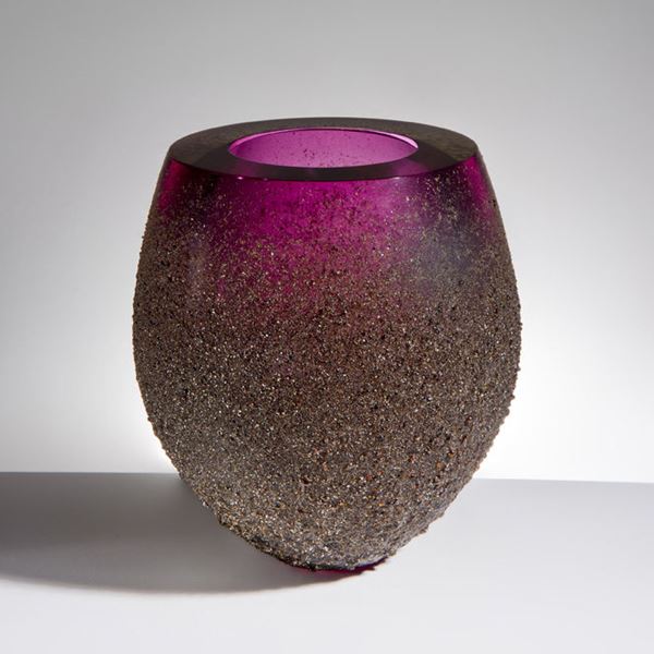 decorative glass vessel with open top in purple coated in earthy brown speckles from bottom to near top