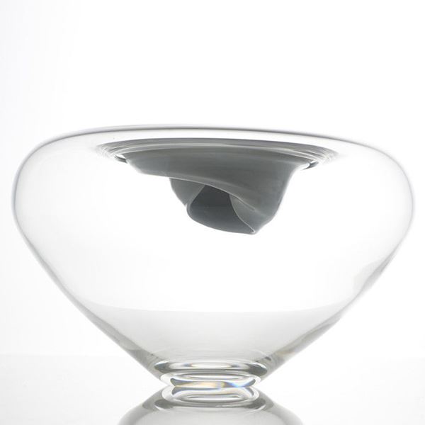 minimalist clear glass bowl sculpture with grey swirl in centre
