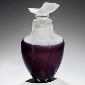 glass art sculpture of greek or roman vessel in plum and white