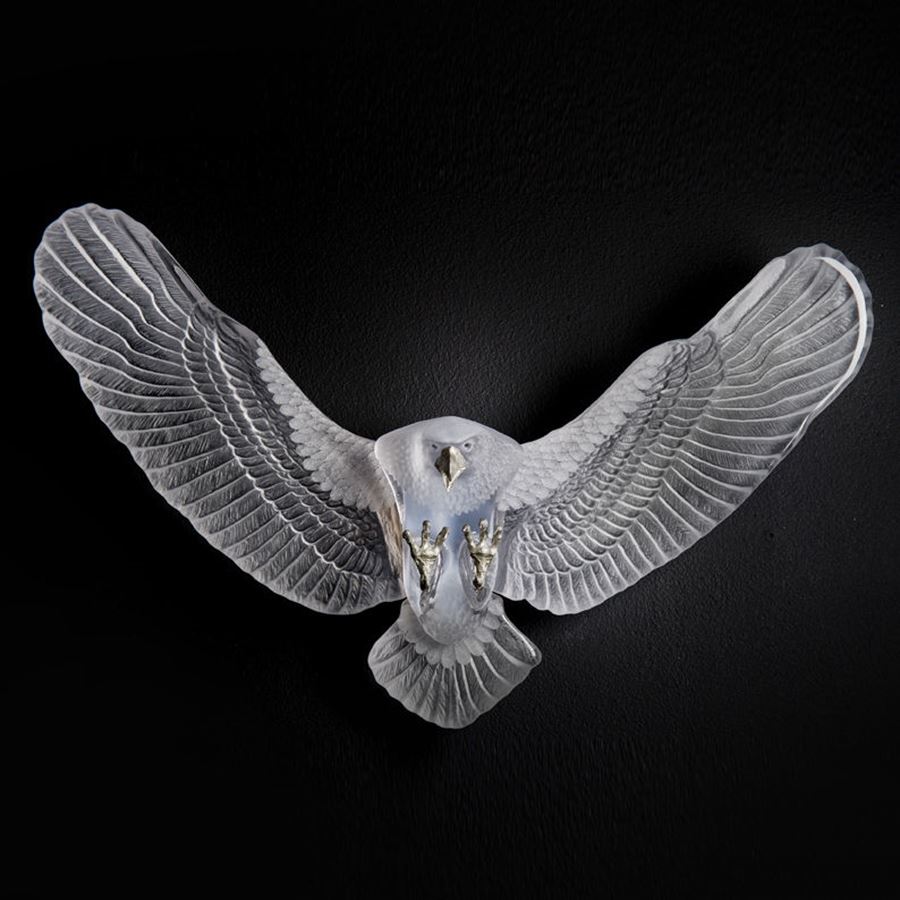 wall-mounted art glass sculpture of an eagle in white and gold