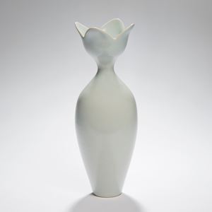 tall pale blue ceramic vase sculpture with flower shaped rim