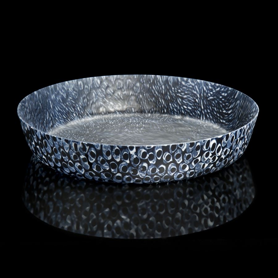 black silver and blue sculpted glass decorative platter with circular patterned edges