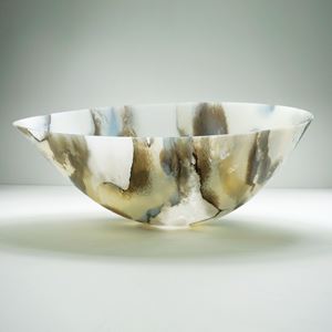 concave art glass bowl in white with grey and blue organic pattern
