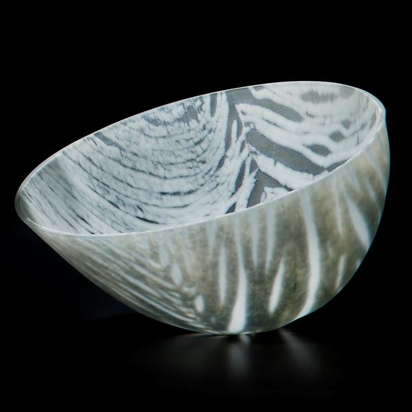three art glass bowl sculptures in white with black stripes