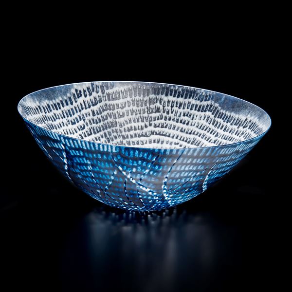 kiln formed glass bowl in blue white and black