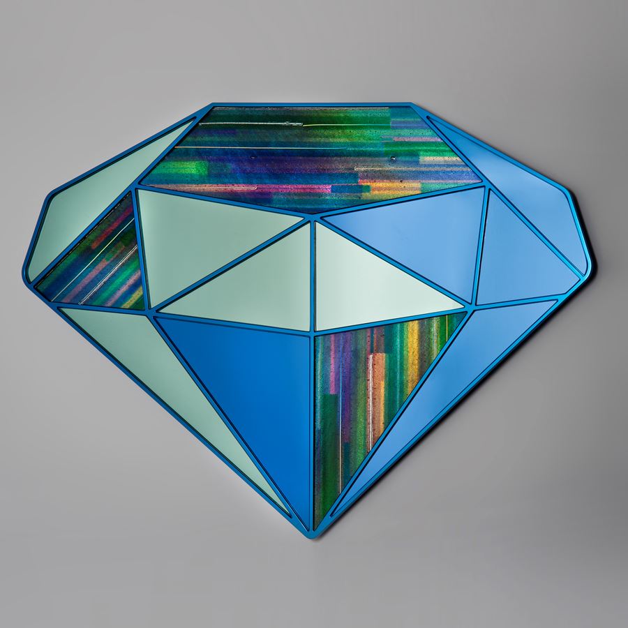 diamond shaped wall hanging mirror artwork in sapphire blue and green