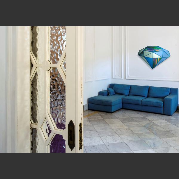 diamond shaped wall hanging mirror artwork in sapphire blue and green