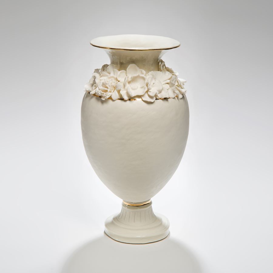 ceramic footed vase sculpture in white with forget me nots 