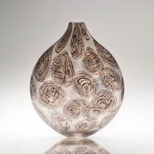 sculpted glass centrepiece vessel in light grey and brown with abstract circular patterns