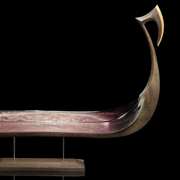 handblown glass and carved oak sculpture of Viking ship