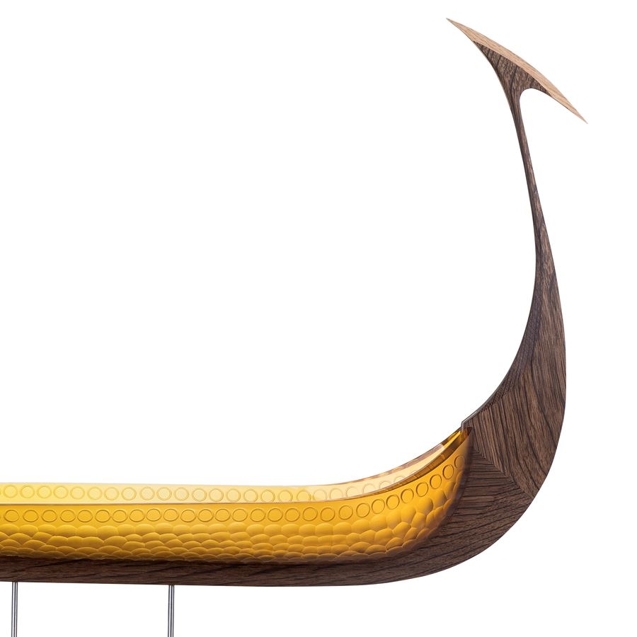 model of viking ship in gold glass and wood