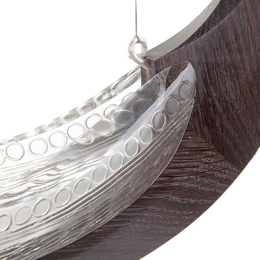 mixed wood and glass sculpture of viking longboat with white glass and oak