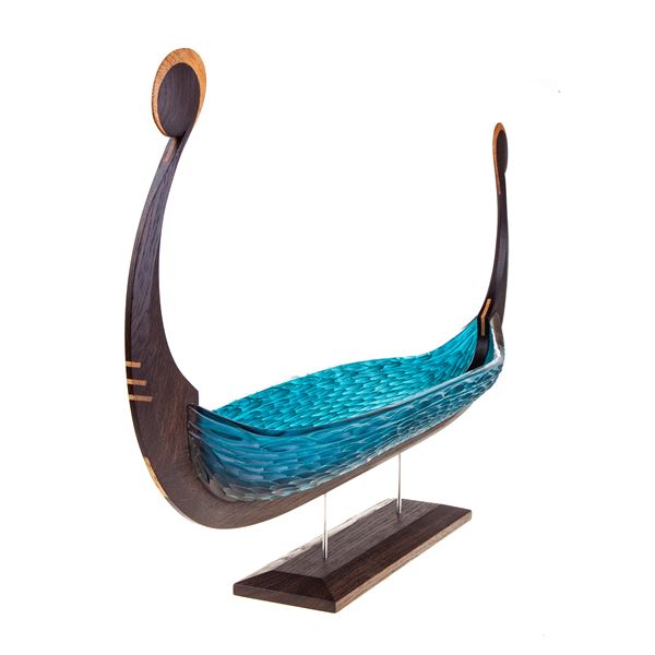artwork of viking longboat made from dark brown wood and blue glass