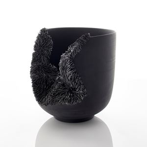 modern porcelain sculpture art of bowl in black with collapsed open side