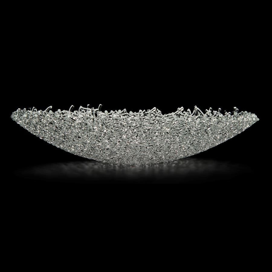 concave mesh bowl-shaped modern art-glass sculpture in crystal