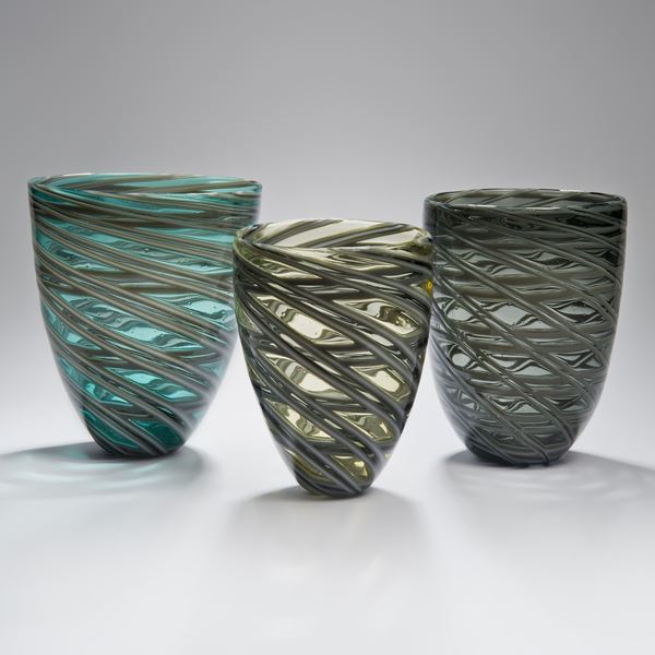 collection of free-blown art-glass short vases in yellow green and grey colours