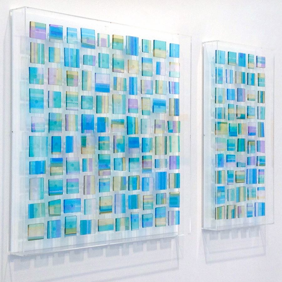 wall hanging glass art diptych in light blue and green colours