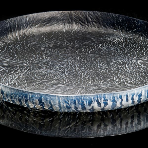 beautiful ornate black blue glass dish 