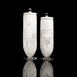 pair of tall art glass vessels with etching