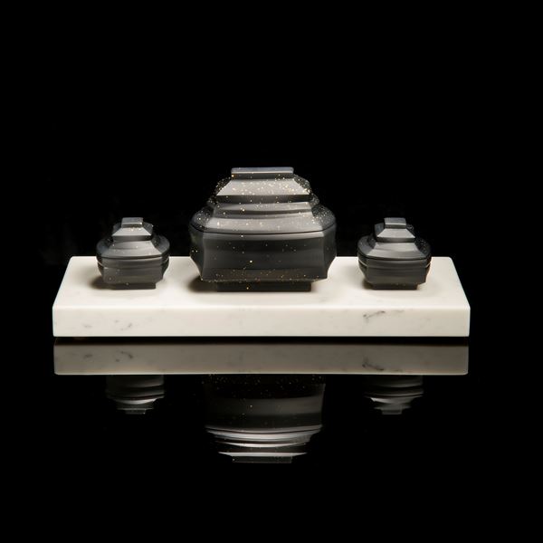 korean art glass ornament of teaset in marble and black colours and gold speckles 