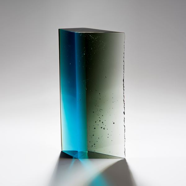 modern rectangular art glass sculpture in blue green and turquoise
