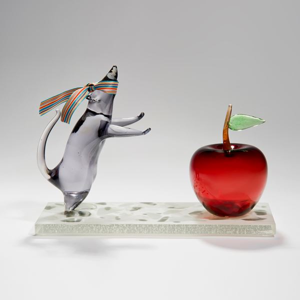 handblown and sculpted glass art of mouse and apple