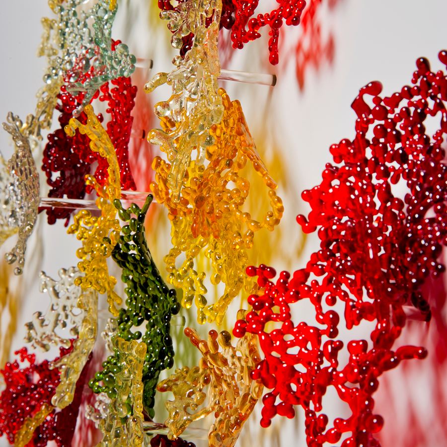 fused glass art sculpture of autumnal leaves
