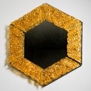 hexagonal decorative mirror with crusted amber glass border