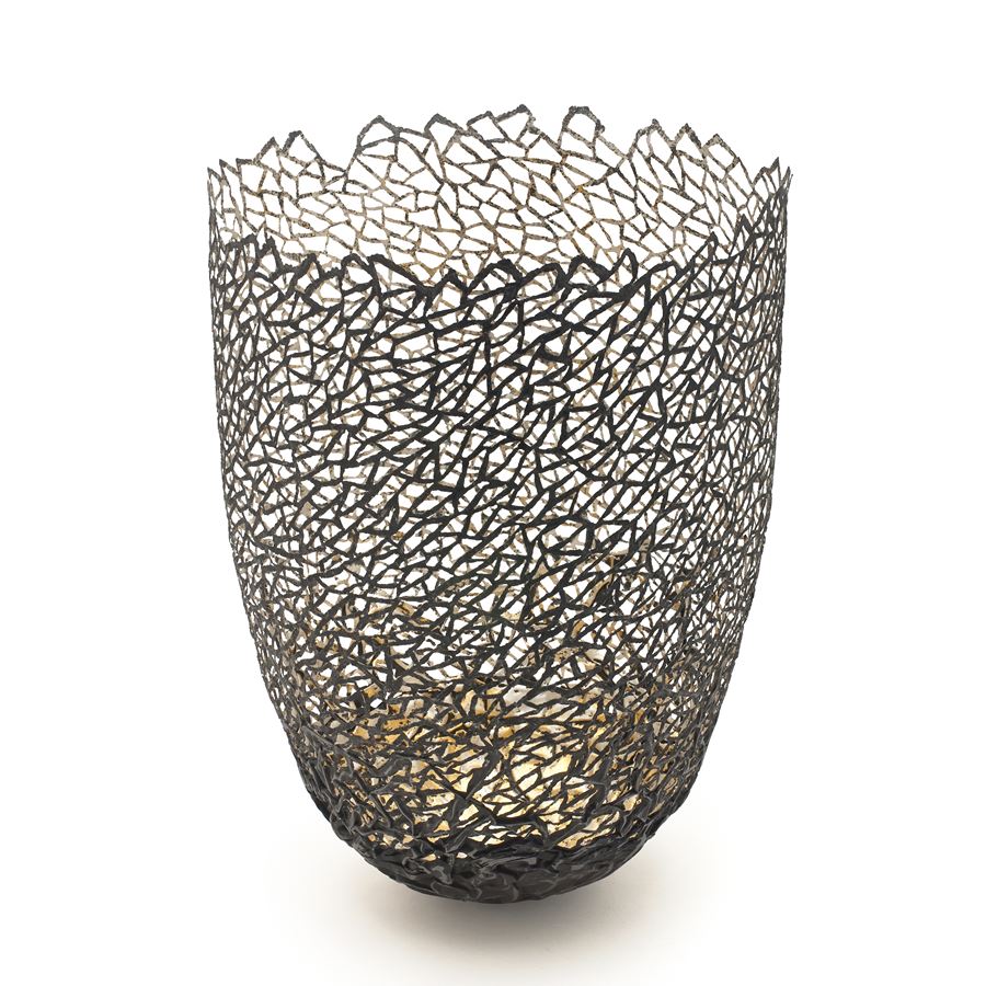 decorative vessel made from metal and wood with mesh exterior