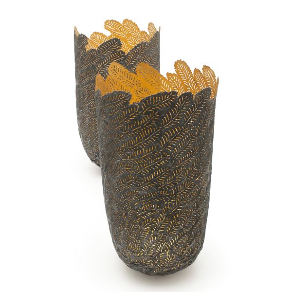 two sculpted open top vessels made from steel and gold cut leaf shapes arranged together