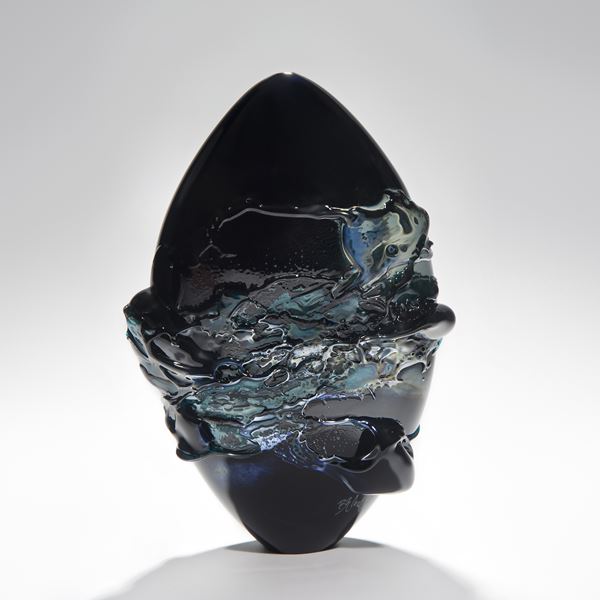 abstract modern handblown glass sculpture in black and turquoise
