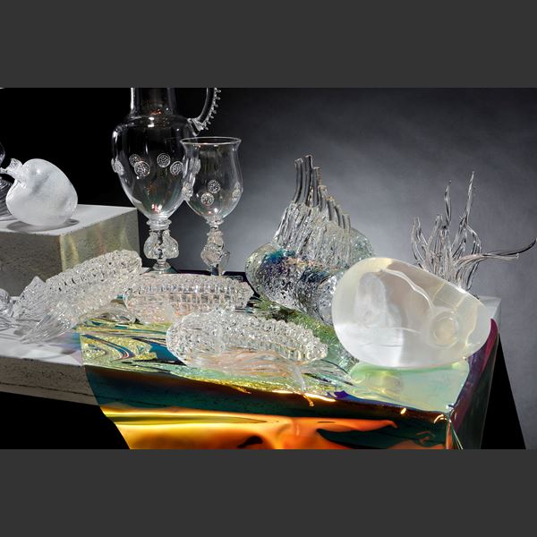 elaborate still life artwork of fruit made of glass PVC and concrete