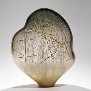 seethrough art glass sculpture with internal structure resembling abstract winter scene