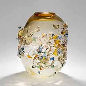 cream clear and orange art glass vase with external colourful crystal adornment