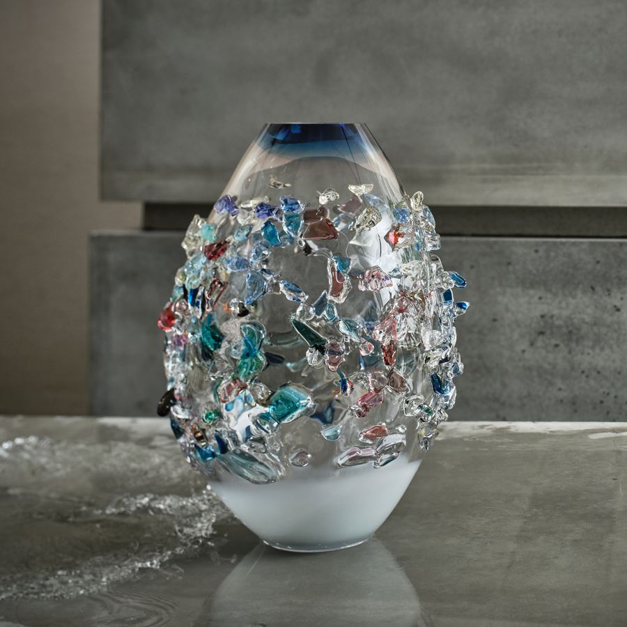 handblown art glass vase in clear and marine colours with external crystal decoration