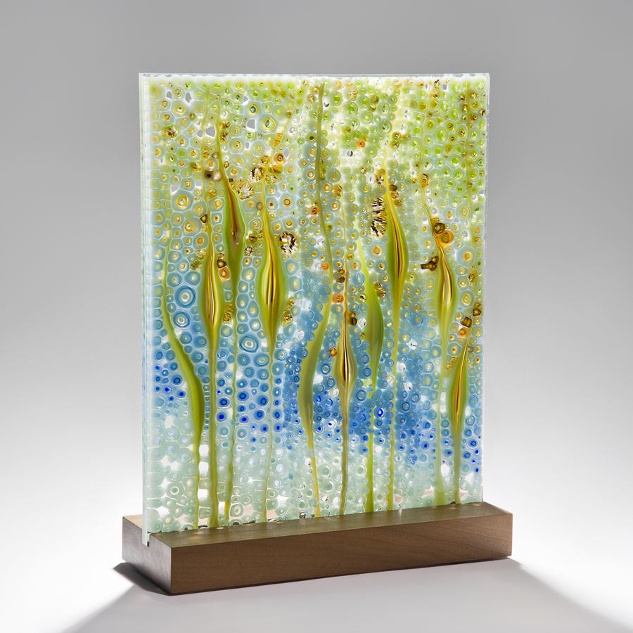 fused tropical coloured glass sheet sculpture with walnut base