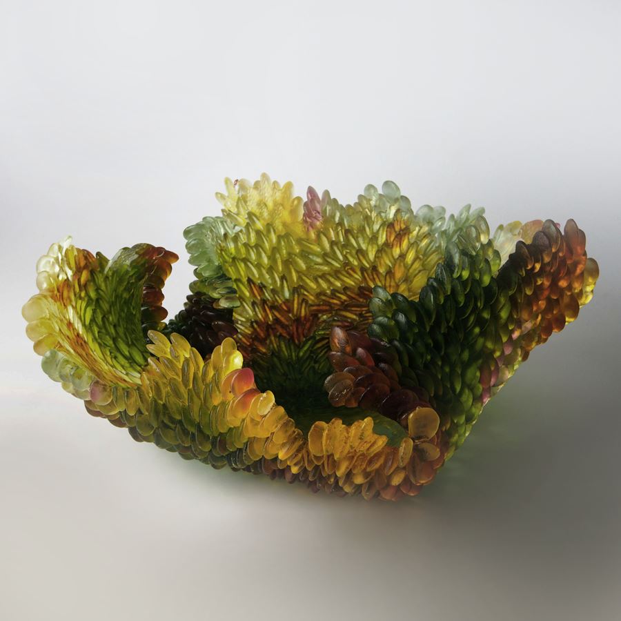 contemporary art-glass sculpture of leaf in autumnal colours