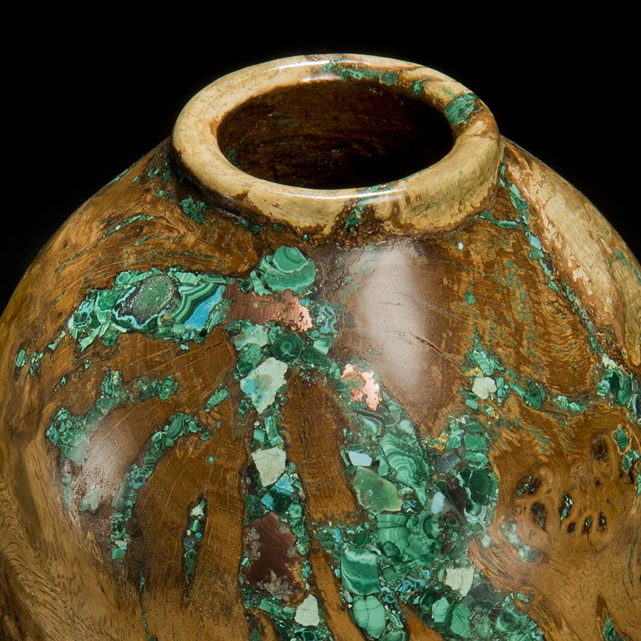 sculpted dark brown oak wood vessel laden with precious minerals in turquoise