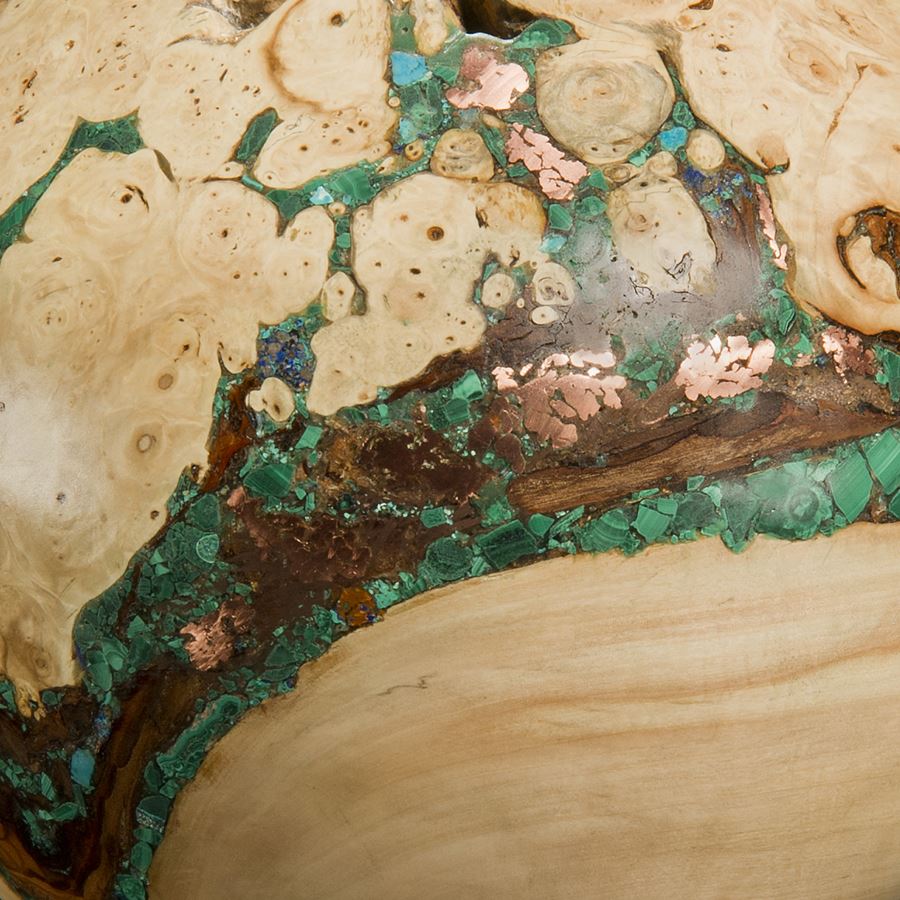 medium height sculpted horse chestnut vessel laden with turquoise precious minerals in light brown/beige with dark brown streak