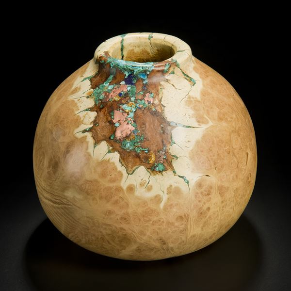 medium height sculpted acacia wood vessel with precious mineral inlay in natural looking browns and turquoise