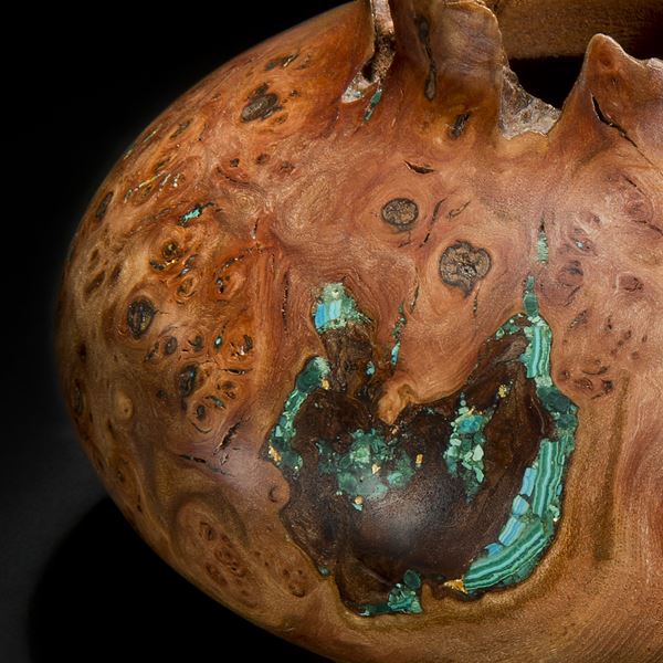 chinese style bowl sculpture made of english elm with precious mineral adornment in turquoise and gold