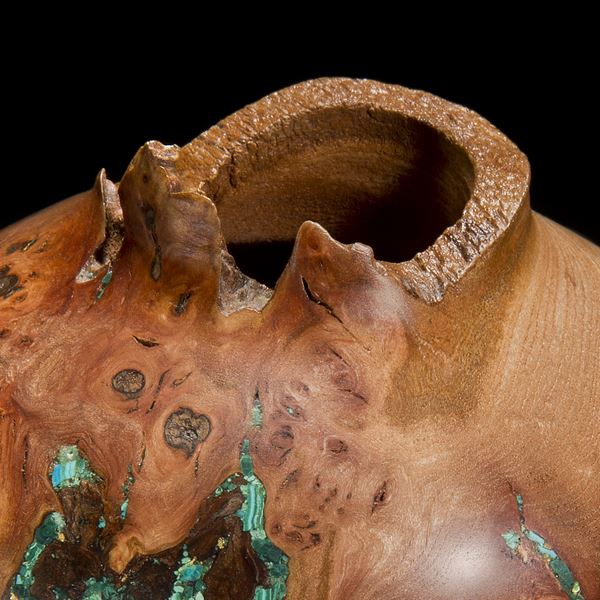 chinese style bowl sculpture made of english elm with precious mineral adornment in turquoise and gold