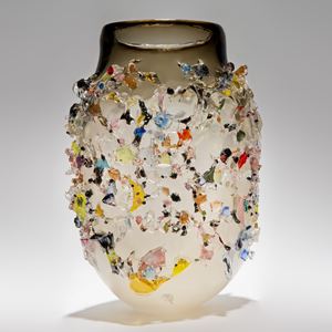 amber white contemporary art-glass sculptural vessel made from handblown glass with dozens of multicoloured crystals adorning exterior