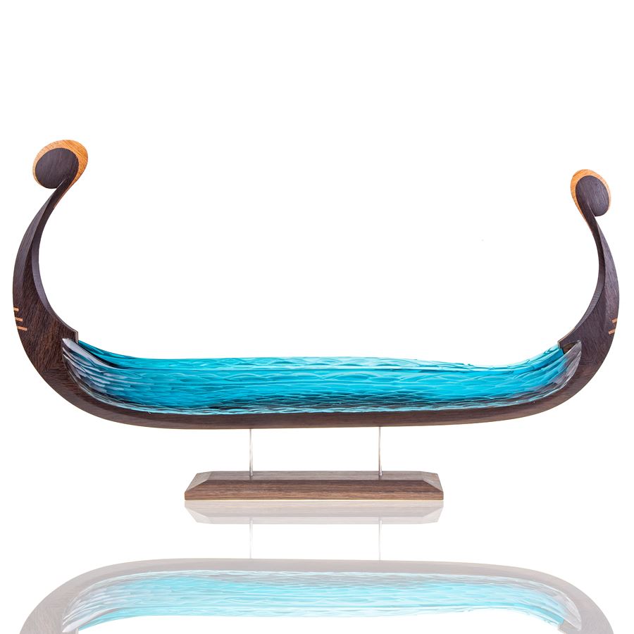 artwork of viking longboat made from dark brown wood and blue glass