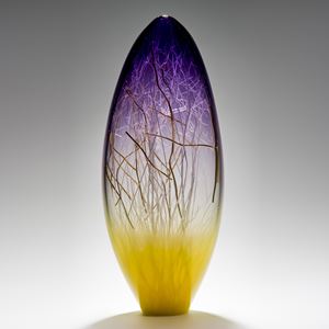 tall curved hyacinth and primrose coloured glass sculpture with delicate nature-inspired internal structure 