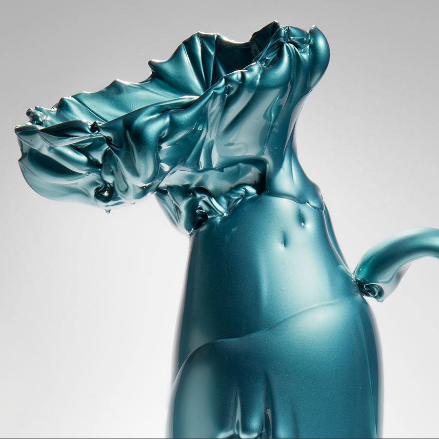 experimental scandinavian glass art sculpture of pitcher with handle in green