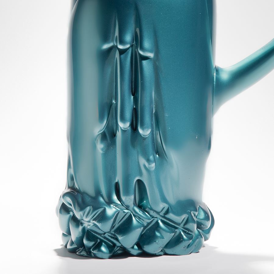 experimental scandinavian glass art sculpture of pitcher with handle in green